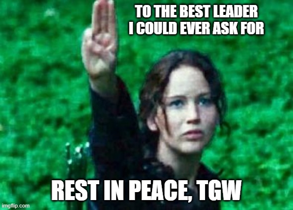 Katniss salute | TO THE BEST LEADER I COULD EVER ASK FOR; REST IN PEACE, TGW | image tagged in katniss salute | made w/ Imgflip meme maker