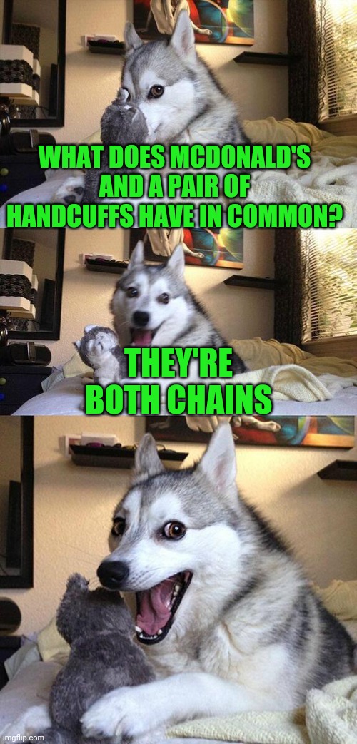 Get it? | WHAT DOES MCDONALD'S AND A PAIR OF HANDCUFFS HAVE IN COMMON? THEY'RE BOTH CHAINS | image tagged in memes,bad pun dog,mcdonalds,funny,funny memes | made w/ Imgflip meme maker