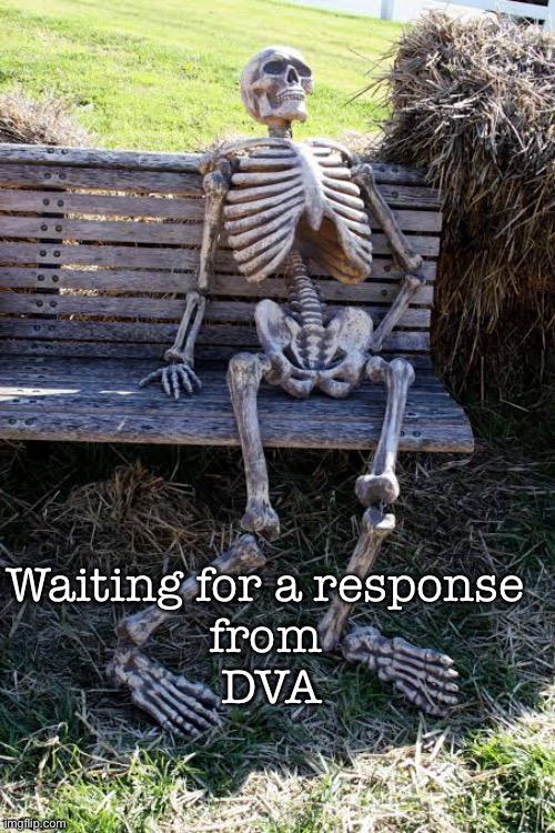 Veterans’ Affairs | Waiting for a response 
from 
DVA | image tagged in waiting skeleton | made w/ Imgflip meme maker