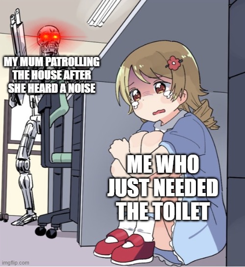 Anime Girl Hiding from Terminator | MY MUM PATROLLING THE HOUSE AFTER SHE HEARD A NOISE; ME WHO JUST NEEDED THE TOILET | image tagged in anime girl hiding from terminator | made w/ Imgflip meme maker