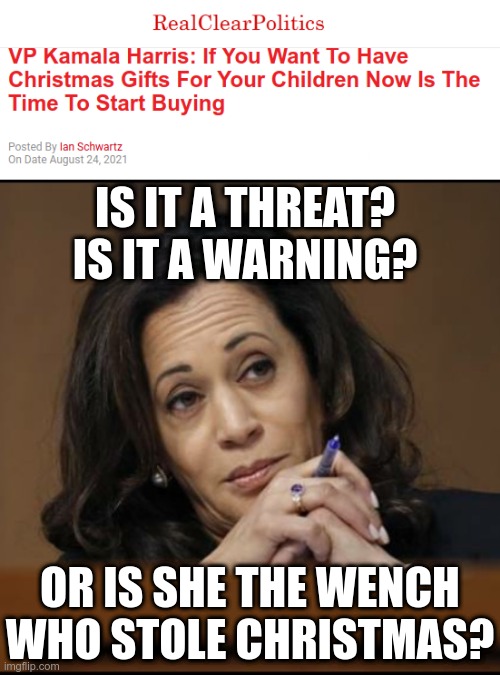 Kamala in Singapore, why no warning to Americans? | IS IT A THREAT? IS IT A WARNING? OR IS SHE THE WENCH WHO STOLE CHRISTMAS? | image tagged in kamala harris | made w/ Imgflip meme maker