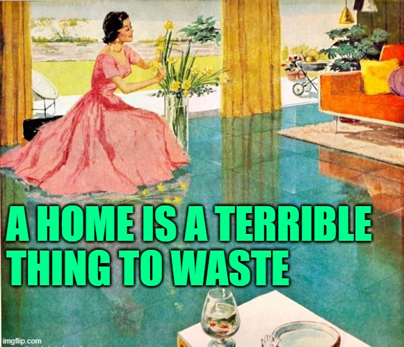 Housewife Home | A HOME IS A TERRIBLE
THING TO WASTE | image tagged in 50s housewife,home,sayings,so true memes,housewife,mashup | made w/ Imgflip meme maker