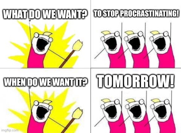 What Do We Want | WHAT DO WE WANT? TO STOP PROCRASTINATING! TOMORROW! WHEN DO WE WANT IT? | image tagged in memes,what do we want | made w/ Imgflip meme maker
