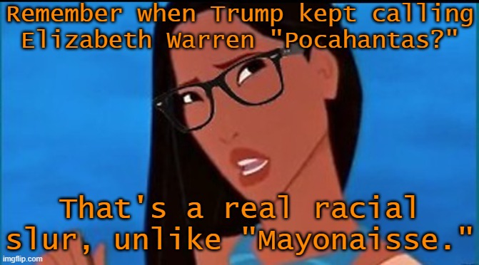 Warren isn't even a member of any tribe! | Remember when Trump kept calling
Elizabeth Warren "Pocahantas?"; That's a real racial slur, unlike "Mayonaisse." | image tagged in hipster pocahontas,white supremacists,hate speech | made w/ Imgflip meme maker