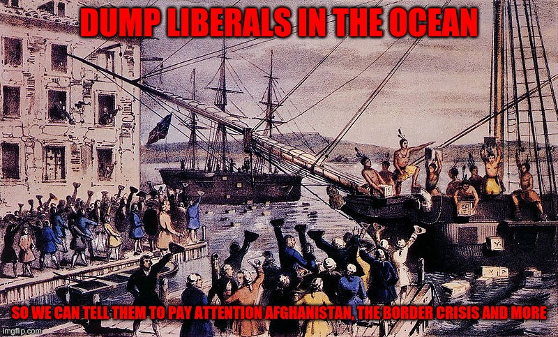 We need to teach them a lesson | DUMP LIBERALS IN THE OCEAN; SO WE CAN TELL THEM TO PAY ATTENTION AFGHANISTAN, THE BORDER CRISIS AND MORE | image tagged in boston tea party,political meme,politics,mexico,afghanistan | made w/ Imgflip meme maker