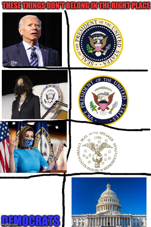 Biden, Harris, Pelosi, and the liberals don't belong here. Also i suck at editing | THESE THINGS DON'T BELONG IN THE RIGHT PLACE; DEMOCRATS | image tagged in blank white template,separation,biden,democrats,congress | made w/ Imgflip meme maker