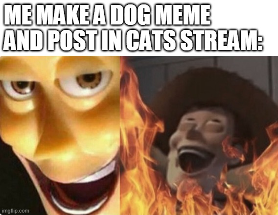 satanic woody no spacing | ME MAKE A DOG MEME AND POST IN CATS STREAM: | image tagged in satanic woody no spacing | made w/ Imgflip meme maker