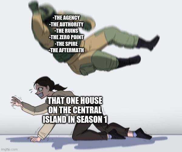 Imagine the people living in the house seeing all this sh*t happen |  -THE AGENCY
-THE AUTHORITY
-THE RUINS
-THE ZERO POINT
-THE SPIRE
-THE AFTERMATH; THAT ONE HOUSE ON THE CENTRAL ISLAND IN SEASON 1 | image tagged in rainbow six - fuze the hostage | made w/ Imgflip meme maker