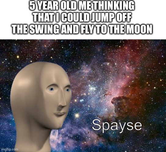 Idk what to name this lol | 5 YEAR OLD ME THINKING THAT I COULD JUMP OFF THE SWING AND FLY TO THE MOON; Spayse | image tagged in space | made w/ Imgflip meme maker