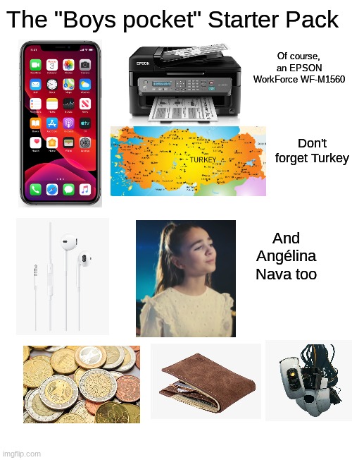 Boys pocket starter pack | The "Boys pocket" Starter Pack; Of course, an EPSON WorkForce WF-M1560; Don't forget Turkey; And Angélina Nava too | image tagged in memes,starter pack,turkey,glados,boys pockets,printer | made w/ Imgflip meme maker