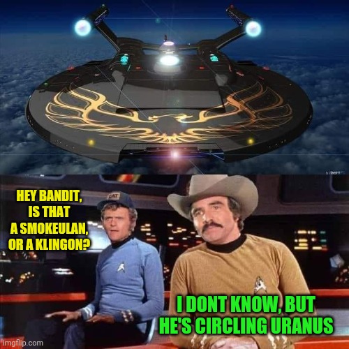Star Bandit | HEY BANDIT, IS THAT A SMOKEULAN, OR A KLINGON? I DONT KNOW, BUT HE'S CIRCLING URANUS | image tagged in star trek,smokey and the bandit,burt reynolds,funny memes | made w/ Imgflip meme maker