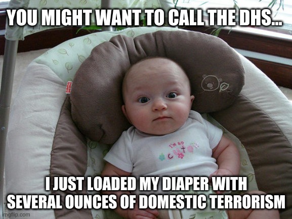 Baby DHS | YOU MIGHT WANT TO CALL THE DHS... I JUST LOADED MY DIAPER WITH SEVERAL OUNCES OF DOMESTIC TERRORISM | image tagged in wide eye baby | made w/ Imgflip meme maker