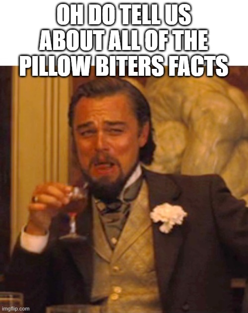 Leonardo dicaprio django laugh | OH DO TELL US ABOUT ALL OF THE PILLOW BITERS FACTS | image tagged in leonardo dicaprio django laugh | made w/ Imgflip meme maker