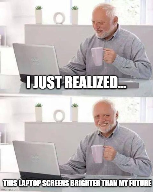 i was bored | I JUST REALIZED... THIS LAPTOP SCREENS BRIGHTER THAN MY FUTURE | image tagged in memes,hide the pain harold | made w/ Imgflip meme maker