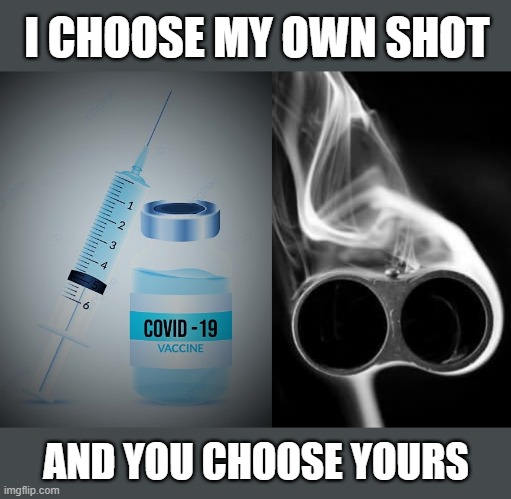 I choose my own shot | I CHOOSE MY OWN SHOT; AND YOU CHOOSE YOURS | image tagged in political meme,coronavirus meme,covid vaccine,covid 19,shot,gun control | made w/ Imgflip meme maker