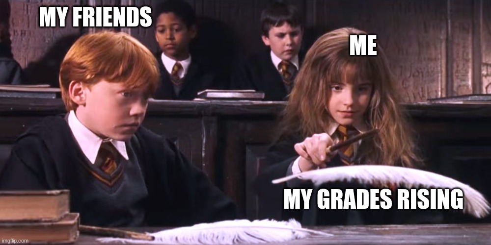 MY FRIENDS; ME; MY GRADES RISING | image tagged in harry potter | made w/ Imgflip meme maker