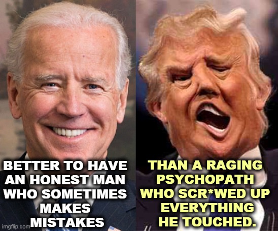 Biden smile Trump crazy acid | BETTER TO HAVE 
AN HONEST MAN 
WHO SOMETIMES 
MAKES 
MISTAKES; THAN A RAGING 
PSYCHOPATH 
WHO SCR*WED UP 
EVERYTHING HE TOUCHED. | image tagged in biden smile trump crazy acid,biden,honest,trump,psycho,incompetence | made w/ Imgflip meme maker
