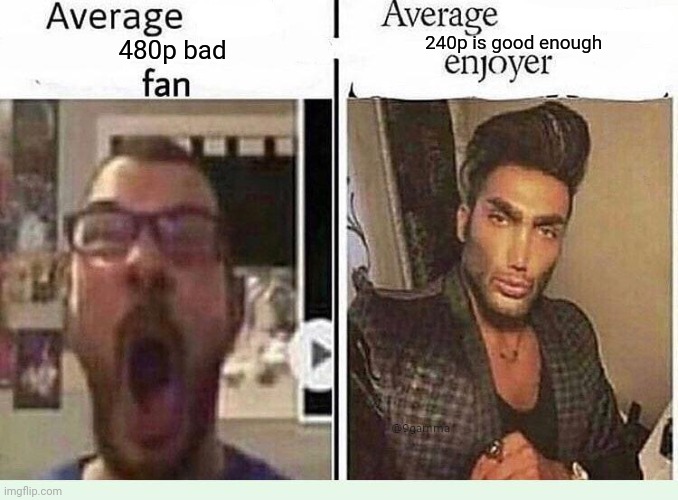 Where are my people with bad internet at? | 240p is good enough; 480p bad | image tagged in average blank fan vs average blank enjoyer | made w/ Imgflip meme maker