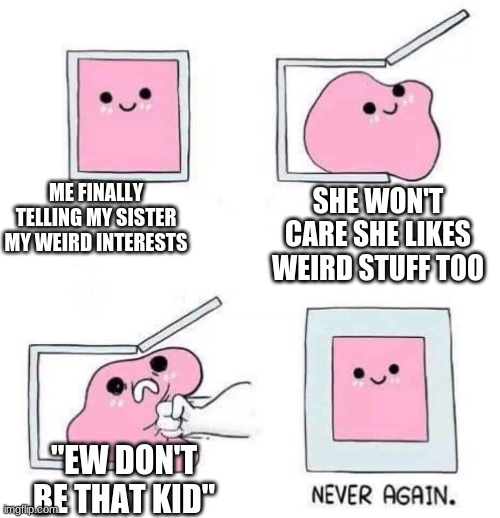 Never again | ME FINALLY TELLING MY SISTER MY WEIRD INTERESTS; SHE WON'T CARE SHE LIKES WEIRD STUFF TOO; "EW DON'T BE THAT KID" | image tagged in never again | made w/ Imgflip meme maker