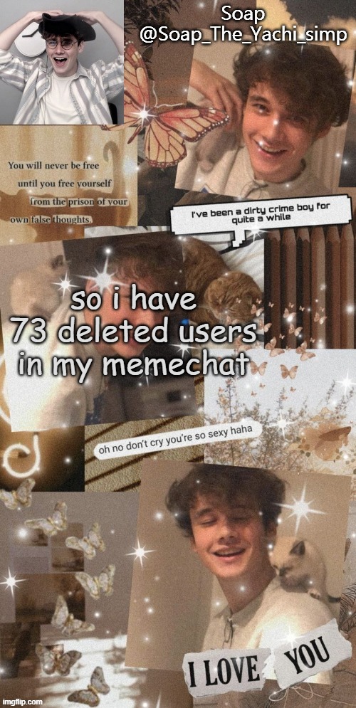 so i have 73 deleted users in my memechat | image tagged in soap's wilbur tempo | made w/ Imgflip meme maker