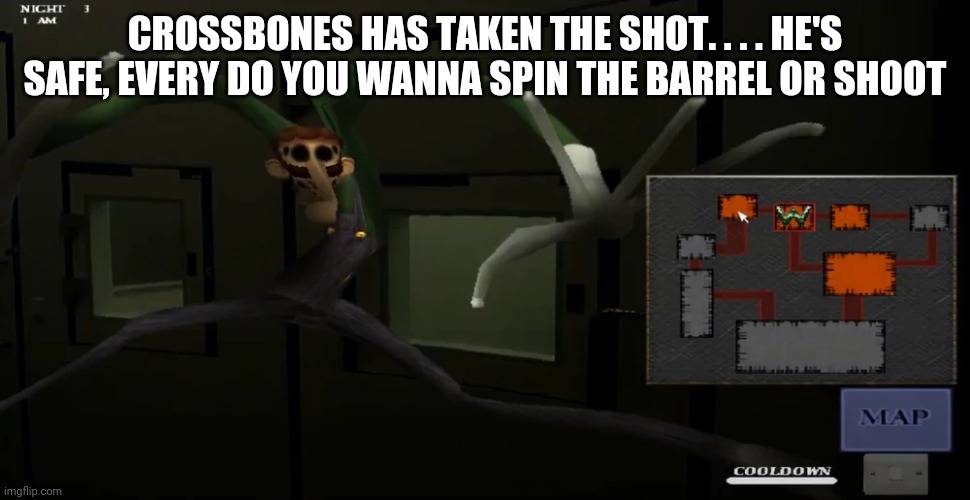 happy | CROSSBONES HAS TAKEN THE SHOT. . . . HE'S SAFE, EVERY DO YOU WANNA SPIN THE BARREL OR SHOOT | image tagged in happy | made w/ Imgflip meme maker