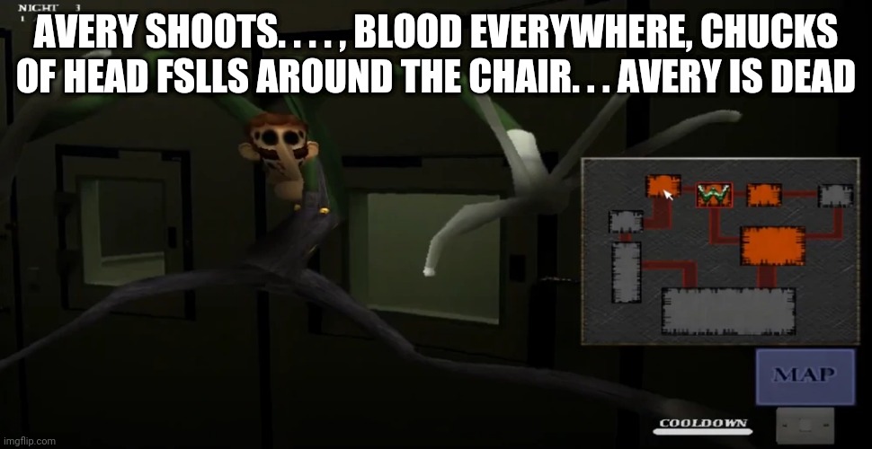 happy | AVERY SHOOTS. . . . , BLOOD EVERYWHERE, CHUCKS OF HEAD FSLLS AROUND THE CHAIR. . . AVERY IS DEAD | image tagged in happy | made w/ Imgflip meme maker