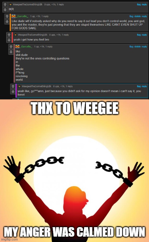THX TO WEEGEE; MY ANGER WAS CALMED DOWN | image tagged in freedom | made w/ Imgflip meme maker