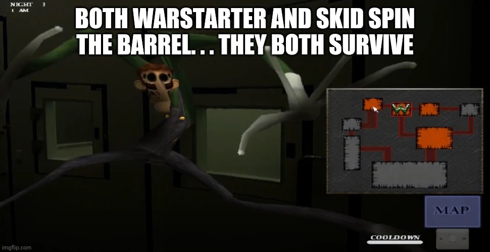 happy | BOTH WARSTARTER AND SKID SPIN THE BARREL. . . THEY BOTH SURVIVE | image tagged in happy | made w/ Imgflip meme maker