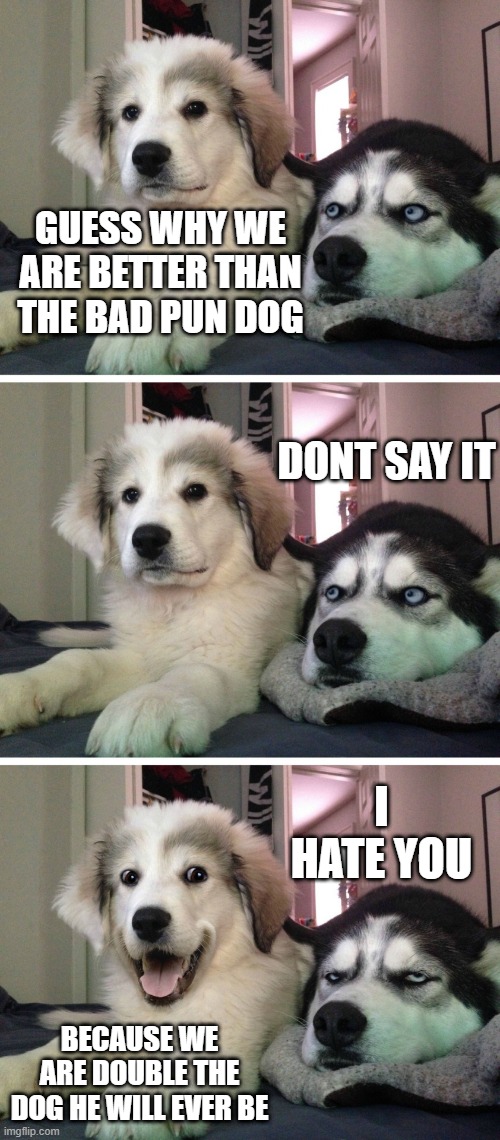 double u say.... | GUESS WHY WE ARE BETTER THAN THE BAD PUN DOG; DONT SAY IT; I HATE YOU; BECAUSE WE ARE DOUBLE THE DOG HE WILL EVER BE | image tagged in bad pun dogs | made w/ Imgflip meme maker