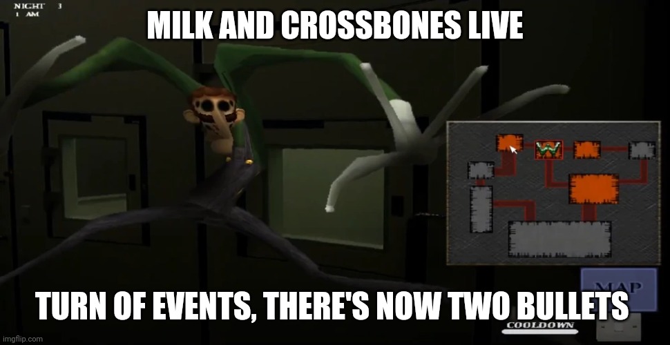 happy | MILK AND CROSSBONES LIVE; TURN OF EVENTS, THERE'S NOW TWO BULLETS | image tagged in happy | made w/ Imgflip meme maker