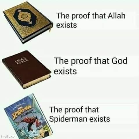 Not sure how Spider-Man will feel being lumped in with these two | image tagged in the proof that spider-man exists,holy bible,bible,spiderman,repost,spider man | made w/ Imgflip meme maker