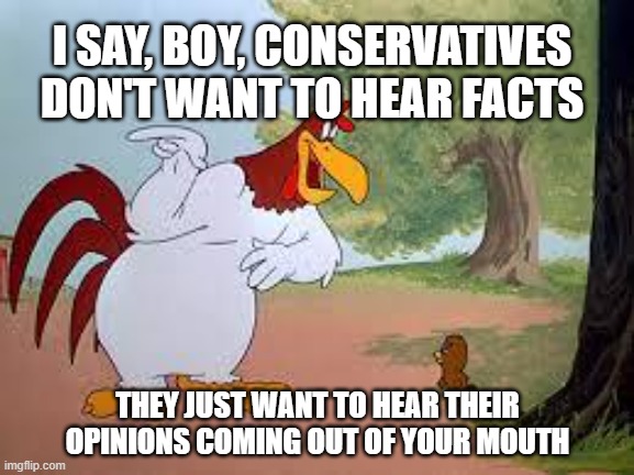 Foghorn Leghorn | I SAY, BOY, CONSERVATIVES DON'T WANT TO HEAR FACTS; THEY JUST WANT TO HEAR THEIR OPINIONS COMING OUT OF YOUR MOUTH | image tagged in foghorn leghorn | made w/ Imgflip meme maker