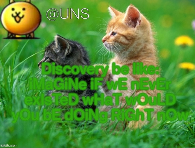 Discovery be like: iMaGiNe iF wE nEvEr exIsTeD wHaT wOuLD yOu bE dOiNg RiGhT nOw | image tagged in uns template | made w/ Imgflip meme maker