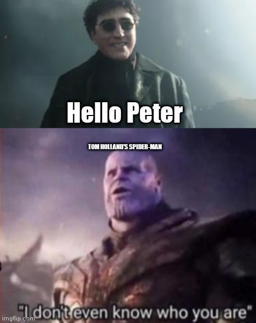Hello Peter; TOM HOLLAND'S SPIDER-MAN | image tagged in thanos i don't even know who you are,marvel,spiderman,spiderman peter parker | made w/ Imgflip meme maker