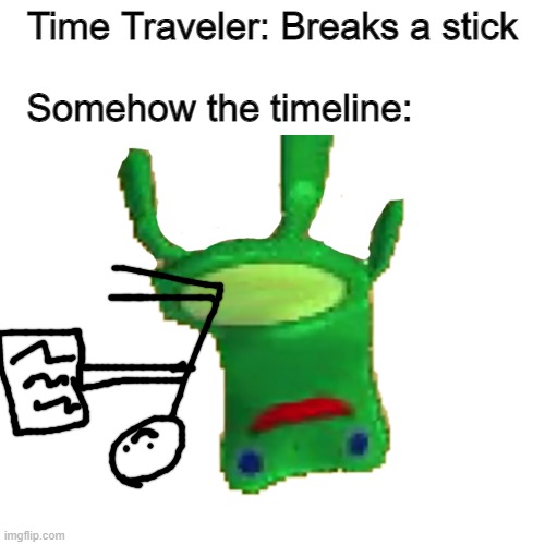 Somehow The Time Line | Time Traveler: Breaks a stick
 
Somehow the timeline: | image tagged in time traveler,fun,memes | made w/ Imgflip meme maker