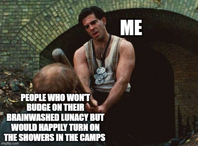 Lockdown Reality |  ME; PEOPLE WHO WON'T BUDGE ON THEIR BRAINWASHED LUNACY BUT WOULD HAPPILY TURN ON THE SHOWERS IN THE CAMPS | image tagged in covid-19,covid19,antivax,liberals,communism | made w/ Imgflip meme maker