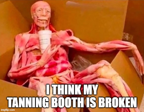 Skinless | I THINK MY TANNING BOOTH IS BROKEN | image tagged in skinless | made w/ Imgflip meme maker