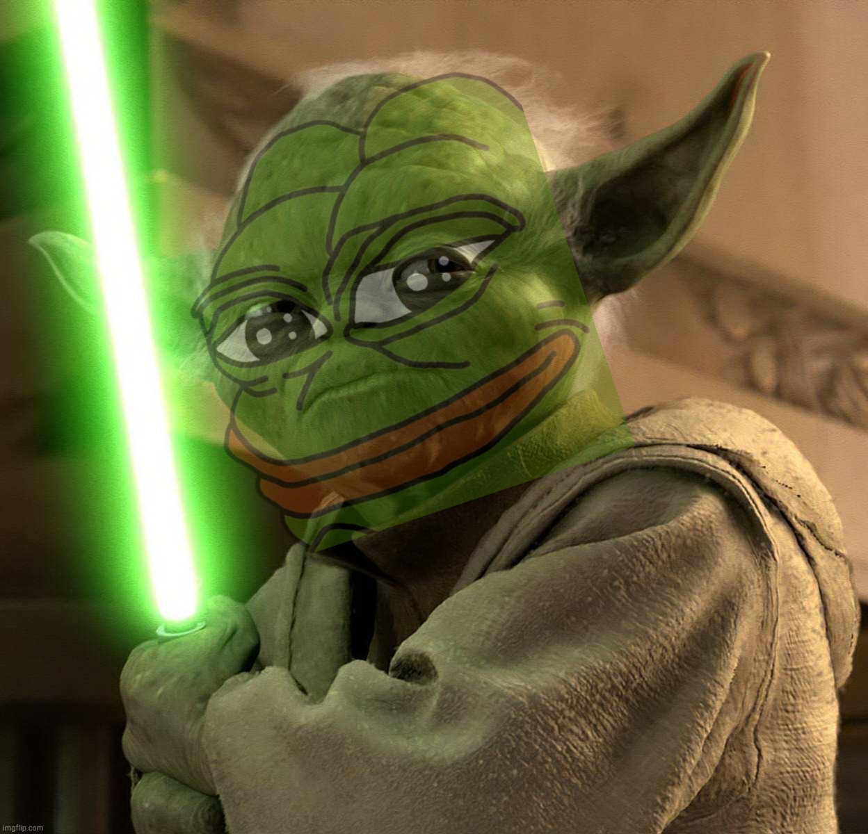 Pepe Party gonna party up your face,,, | image tagged in yoda light saber,pepe head,pepe,pepe party,i pepe the fool,crossover templates | made w/ Imgflip meme maker