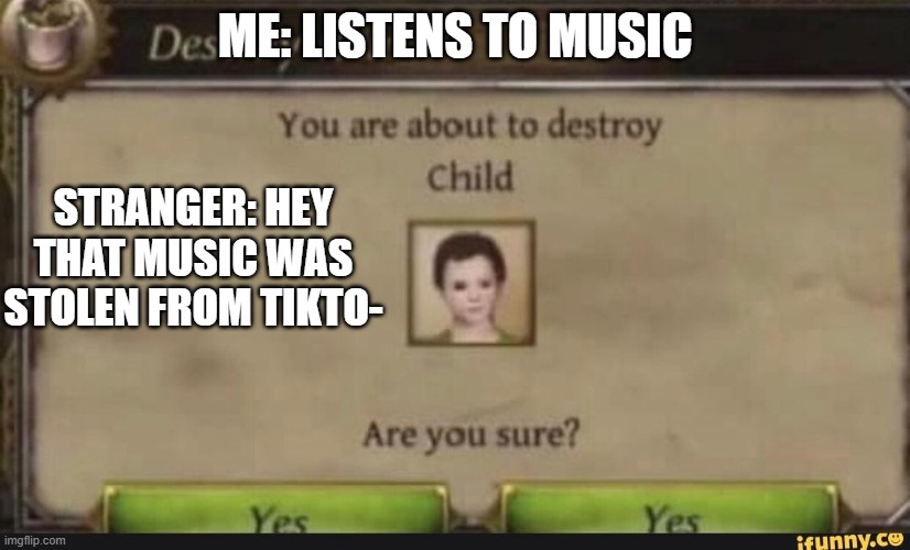people dont steal music. tiktok steal music | ME: LISTENS TO MUSIC; STRANGER: HEY THAT MUSIC WAS STOLEN FROM TIKTO- | image tagged in you're about to destroy child | made w/ Imgflip meme maker