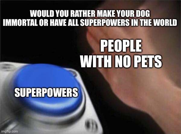 But if I had a dog I would’ve said my dog being immortal | WOULD YOU RATHER MAKE YOUR DOG IMMORTAL OR HAVE ALL SUPERPOWERS IN THE WORLD; PEOPLE WITH NO PETS; SUPERPOWERS | image tagged in memes,blank nut button | made w/ Imgflip meme maker