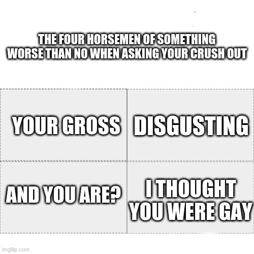 Four horsemen | THE FOUR HORSEMEN OF SOMETHING WORSE THAN NO WHEN ASKING YOUR CRUSH OUT; YOUR GROSS; DISGUSTING; I THOUGHT YOU WERE GAY; AND YOU ARE? | image tagged in four horsemen | made w/ Imgflip meme maker