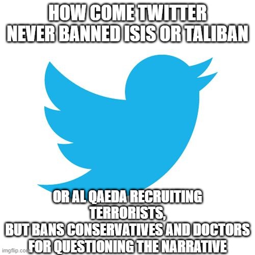 Twitter birds says | HOW COME TWITTER NEVER BANNED ISIS OR TALIBAN; OR AL QAEDA RECRUITING TERRORISTS,
BUT BANS CONSERVATIVES AND DOCTORS FOR QUESTIONING THE NARRATIVE | image tagged in twitter birds says | made w/ Imgflip meme maker