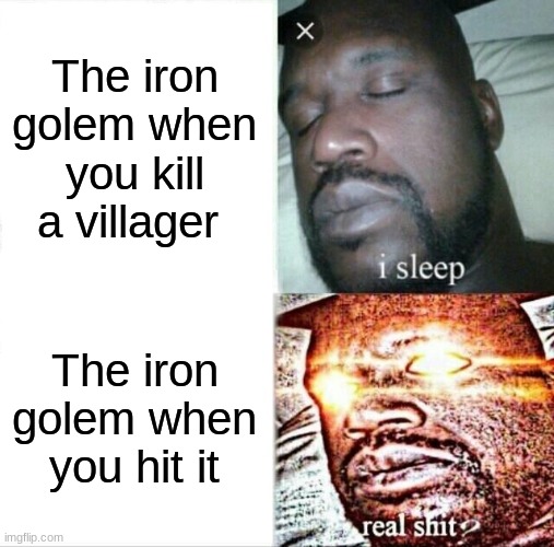 Sleeping Shaq Meme | The iron golem when you kill a villager; The iron golem when you hit it | image tagged in memes,sleeping shaq | made w/ Imgflip meme maker