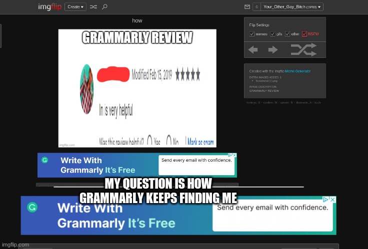Btw Grammarly has a history of self-deletus (And technically, this isn't a cursed image, but I didn't know where to post it.) | MY QUESTION IS HOW GRAMMARLY KEEPS FINDING ME | image tagged in grammarly,memes | made w/ Imgflip meme maker