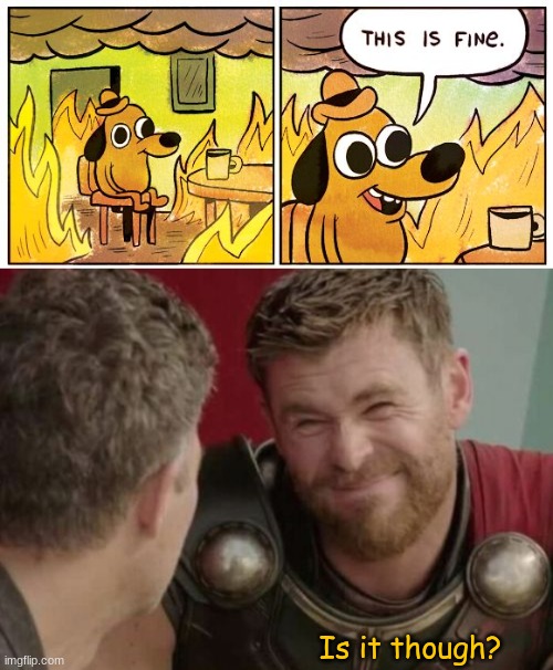 Is it though? | image tagged in memes,this is fine,is it though | made w/ Imgflip meme maker