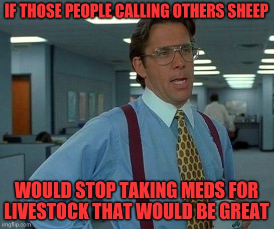 That Would Be Great Meme | IF THOSE PEOPLE CALLING OTHERS SHEEP; WOULD STOP TAKING MEDS FOR LIVESTOCK THAT WOULD BE GREAT | image tagged in memes,that would be great | made w/ Imgflip meme maker