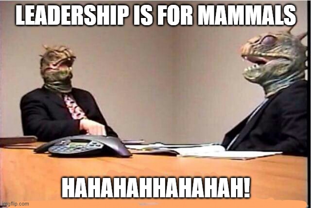 Lizards reptilians overlords | LEADERSHIP IS FOR MAMMALS; HAHAHAHHAHAHAH! | image tagged in lizards reptilians overlords | made w/ Imgflip meme maker