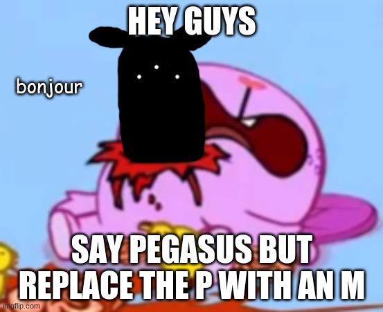 megasus | HEY GUYS; SAY PEGASUS BUT REPLACE THE P WITH AN M | image tagged in idiot bonjour | made w/ Imgflip meme maker