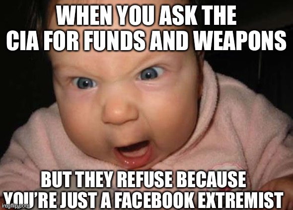 Evil Baby | WHEN YOU ASK THE CIA FOR FUNDS AND WEAPONS; BUT THEY REFUSE BECAUSE YOU’RE JUST A FACEBOOK EXTREMIST | image tagged in memes,evil baby | made w/ Imgflip meme maker