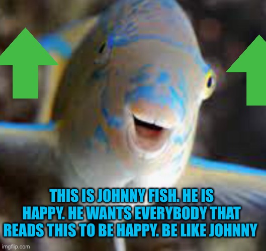 Johnny is a happy fish, and he wants you to be happy. | THIS IS JOHNNY FISH. HE IS HAPPY. HE WANTS EVERYBODY THAT READS THIS TO BE HAPPY. BE LIKE JOHNNY | image tagged in happy,fish,have a nice day,wholesome,i like turtles,why are you reading this | made w/ Imgflip meme maker